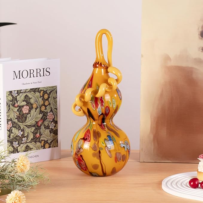 KAMMAK Gourd Glass Figurine, Handmade Blown Coloured Glaze Art Gourd Statue, Centerpiece Collectible Home Decor, Table Ornaments, Gift for Birthday Thanksgiving Christmas Decorations, QSKQ02
