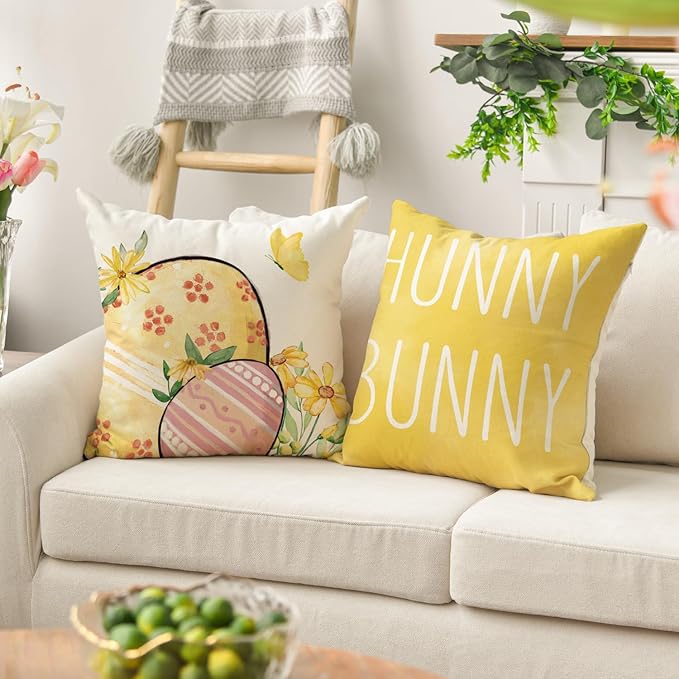 AVOIN colorlife Happy Easter Hunny Bunny Yellow Throw Pillow Covers, 18 x 18 Inch Easter Eggs Bunny Spring Cushion Case for Sofa Couch Set of 4