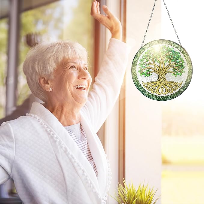FLAGWIX Tree of Life Gifts for Women Men - Stained Glass Window Hanging 10 in - Birthday Gifts for Mom Grandma, Tree of Life Decorations Indoor, Celtic Suncatchers Garden Decor