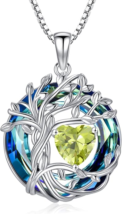 TOUPOP Tree of Life Birthstone Necklace 925 Sterling Silver Pendant Austrian Crystal Jewelry Anniversary Valentine's Day Birthday Gifts for Women Mom Her Wife