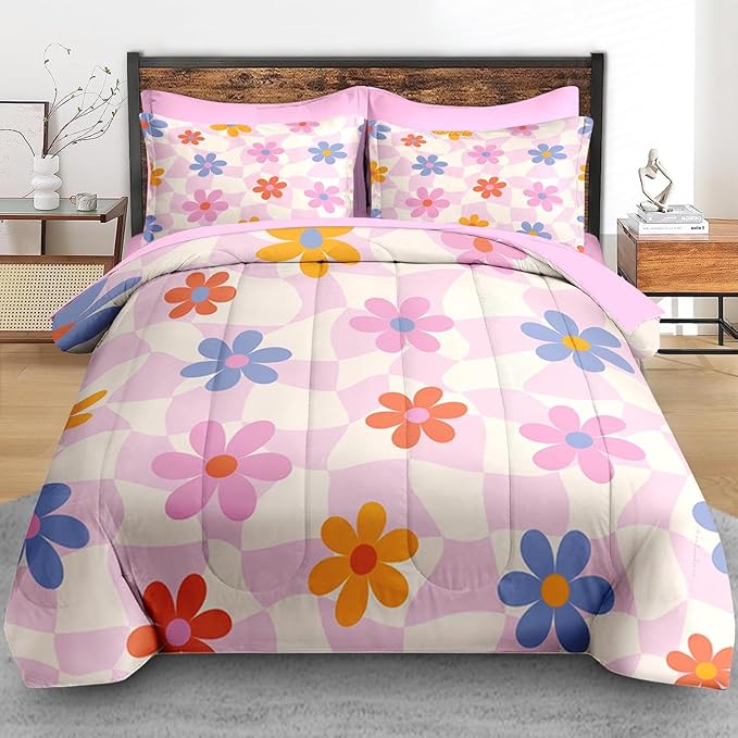 Comforter Set Queen Size, Retro Daisy Pink 7 Pcs Bedding for Kids and Adults, Hippie Aesthetic Kids Bed Sheet Sets with Fitted Sheet 2 Pillowcases & 2 Shams for Bedroom Bed Decor