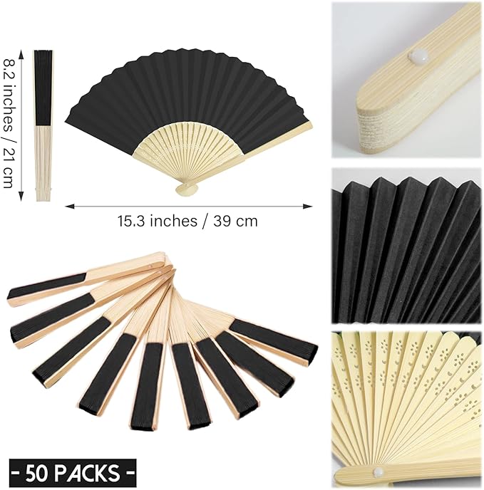 50 Pieces Paper Fans Paper Hand Fan Bamboo Folding Fan Handheld Fan Paper Folded Fan Paper Fan for Wedding Party and Home Decoration (Black)