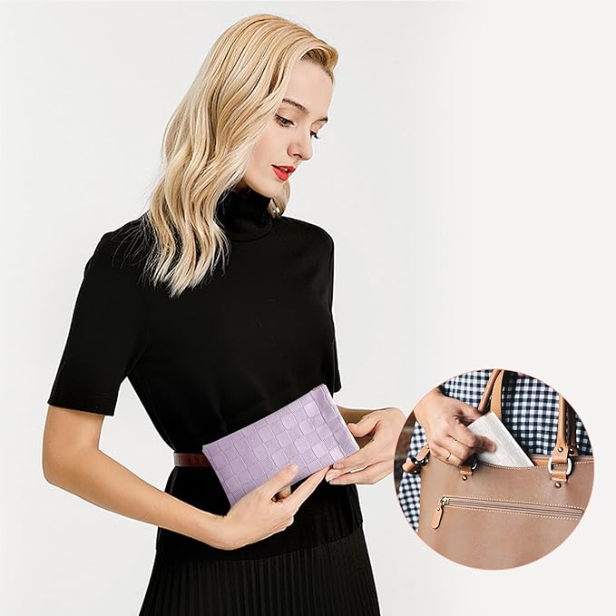 4PCS Small Makeup Bag for Purse, Mini Leather Pocket Cosmetic Bag for Women, Waterproof Portable Makeup Pouch No Zipper Coin Purse Lipstick Bag Accessories, Checkered Travel Storage Bag(White,Purple)