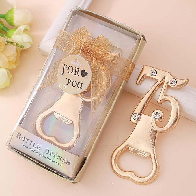 Baseo 24pcs Gold Themed 75th Birthday Bottle Openers, 75th Anniversary Party Gifts & Decorations