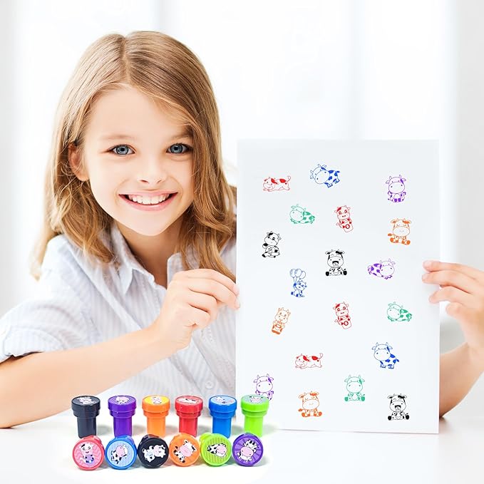 Cinrobiye 24 Pcs Cow Stampers for Boys Girls,Farm Animal Party Birthday Favors, Cow Goodie Bag Fillers, Classroom Rewards, Carnival Prizes, Pinata Stuffers for Moo Party Gifts