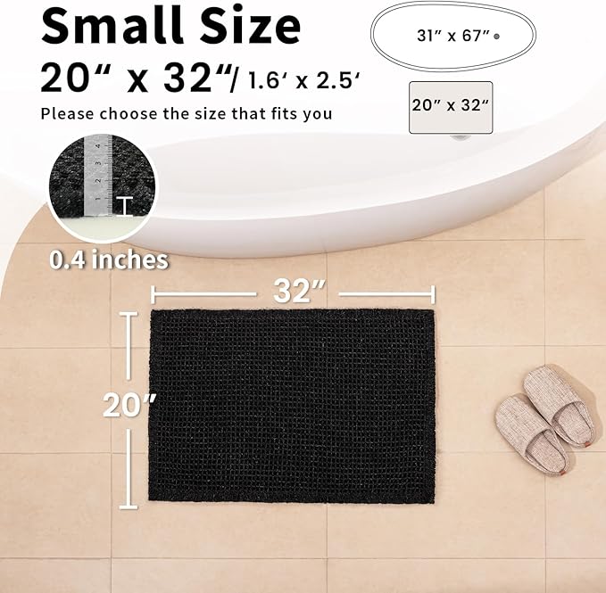 Black Bathroom Rug - Waffle Bath Mat Non Slip Washable, Super Absorbent & Quick Dry, Boho Bath Mat Farmhouse Bathroom Decor, 20'' x 32'', Black