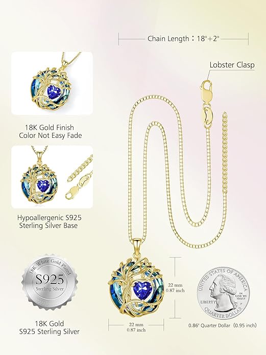 TOUPOP Tree of Life Birthstone Necklace 925 Sterling Silver Pendant Austrian Crystal Jewelry Anniversary Valentine's Day Birthday Gifts for Women Mom Her Wife