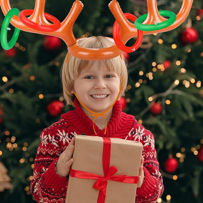 2 Set Inflatable Reindeer Antler Ring Toss Game for Christmas, with 2 Antlers and 8 Rings, Indoor Outdor Game Hats Family Christmas for Teens Adults, Fun Xmas Gifts