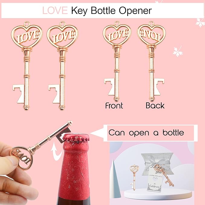 Aokbean 50 pcs Vintage Skeleton LOVE Key Bottle Openers Pillow Candy Box Escort Thank You Tag French Ribbon Wedding Souvenir Gift for Guest (Rose Gold)