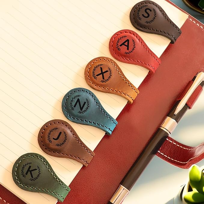 Magnetic Leather Bookmark with 26 Initial for Reading Women,Personalized Magnet Book Marks Gifts for Men,Book Lovers (Blue, E)