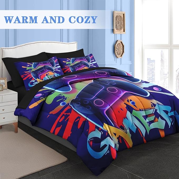 Comforter Set Twin Size, Game Graffiti 5 Pcs Bedding for Kids and Adults, Neon Geometric Gaming Bed Sheet Sets with Fitted Sheet Pillowcase & Sham for Bedroom Bed Decor