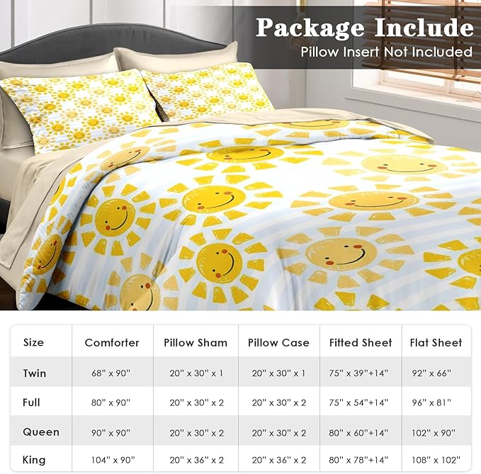 Comforter Set Queen Size, Cute Sunshine Sun 7 Pcs Bedding for Kids and Adults, Beach Summer Happy Bed Sheet Sets with Fitted Sheet 2 Pillowcases & 2 Shams for Bedroom Bed Decor