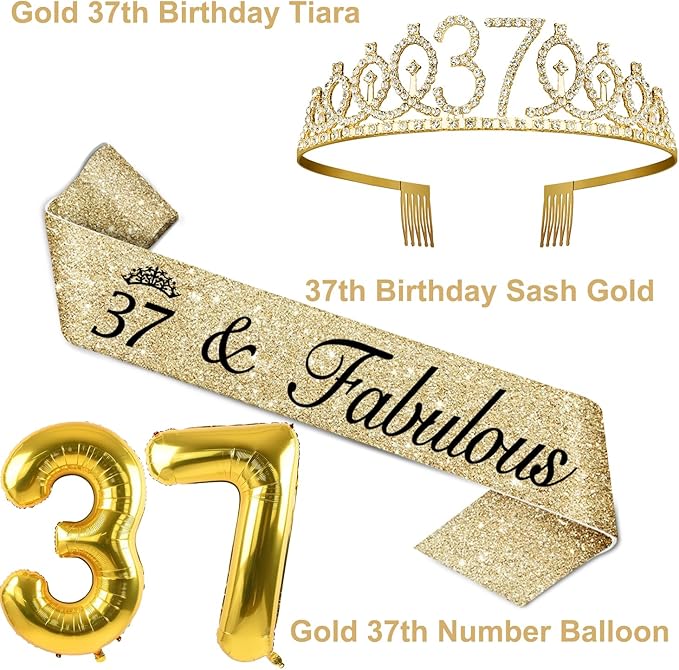 37th Birthday Decorations for Women Gold with 37th Birthday Sash and Tiara, Cake Topper and Candles, Number Balloons, 37 Year Old Gifts for Women