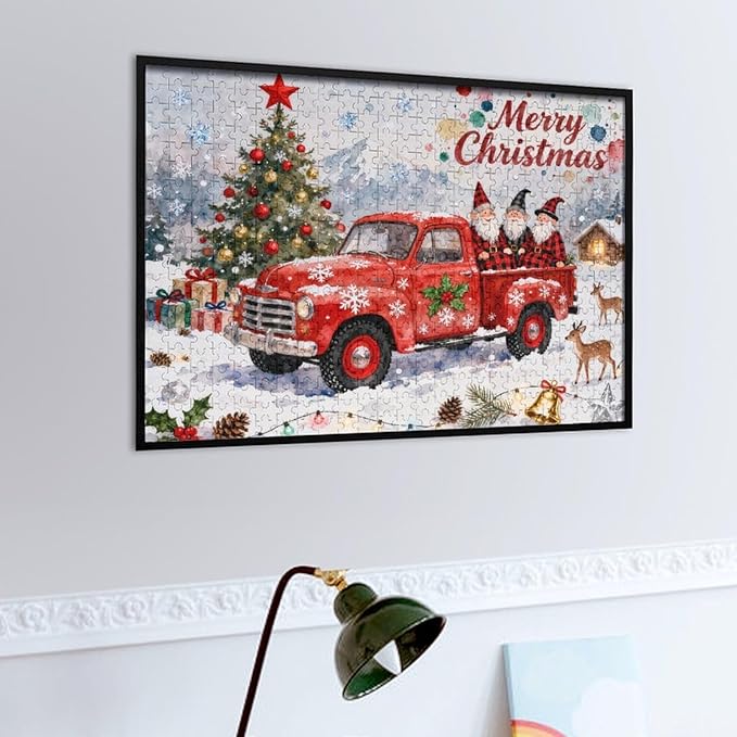 Merry Christmas-Red Car Gnomes 1000-Piece Wooden Jigsaw Puzzle, Christmas Puzzle, Holiday Gnome Scene, Cozy Indoor Fun, Family Entertainment, Mindful Leisure Activity