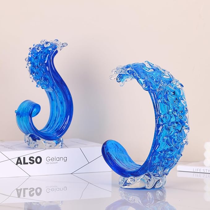 LCCCK Blue Glass Beach House Decor, Hand Blown Ocean Wave Decorate, Tall Blue Glass Sculpture Home Decor, Ocean Wave Fused Art Figurines, for Sea Art Beach Coastal Nautical Office Surfers Gifts