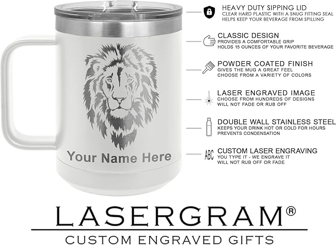 LaserGram 15oz Vacuum Insulated Coffee Mug, Cup of Coffee, Personalized Engraving Included (White)