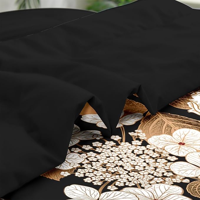 Comforter Set Full Size, Hydrangea Butterfly Flower 7 Pcs Bedding for Kids and Adults, Black Gold Bed Sheet Sets with Fitted Sheet 2 Pillowcase & 2 Sham for Bedroom Bed Decor