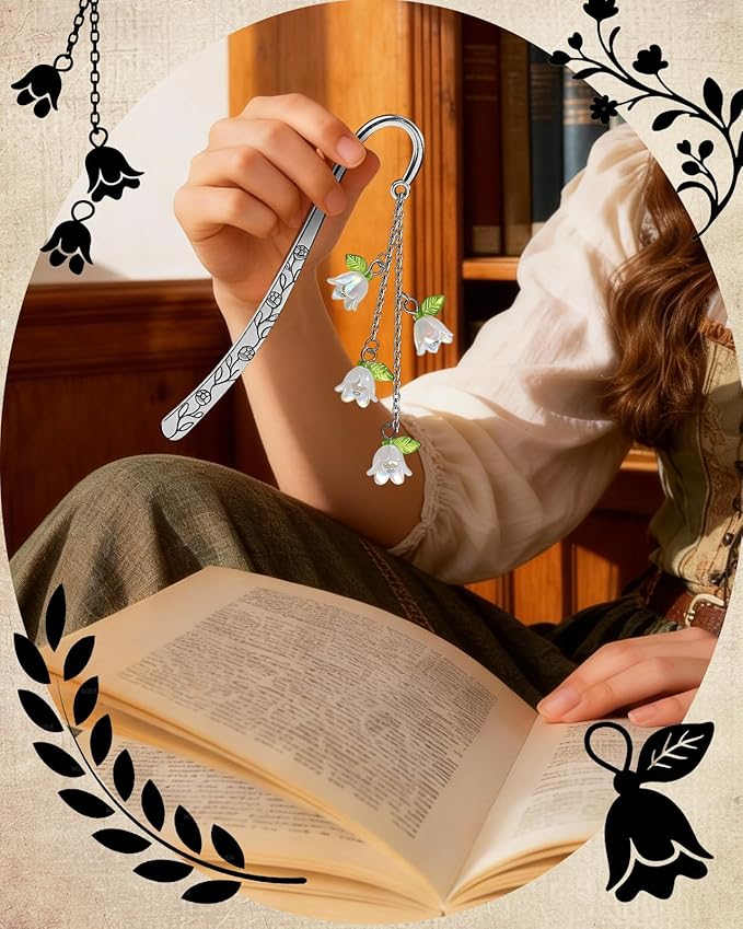 Buleens Bookmarks for Women Reading - Book Marks for Readers Book Lovers, Cute Sliver Lily Floral Personalized Metal Bookmark with Pendants, Pretty and Aesthetic Book Accessories Reading Gifts
