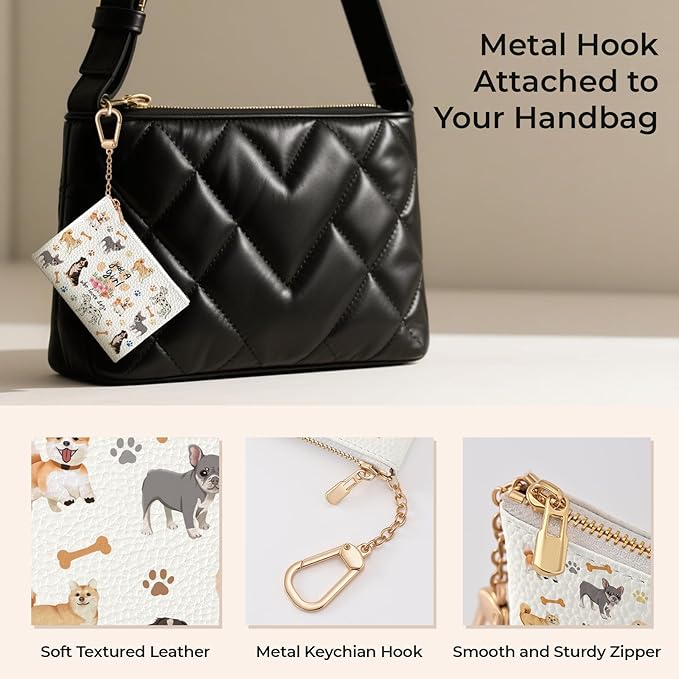 Cute Dogs Keychain Coin Purse for Women, Small PU Leather Change Pouch, Zipper Little Tiny Travel Wallet for Girls Puppy Lovers, Cute Kawaii Zip Pocket Coin Holder with Key Ring