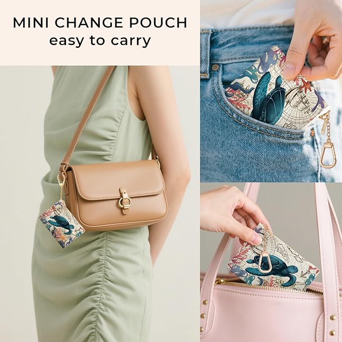 Sea Turtle Keychain Coin Purse for Women, Small PU Leather Change Pouch, Zipper Little Tiny Travel Wallet for Girls, Cute Kawaii Zip Pocket Coin Holder with Key Ring