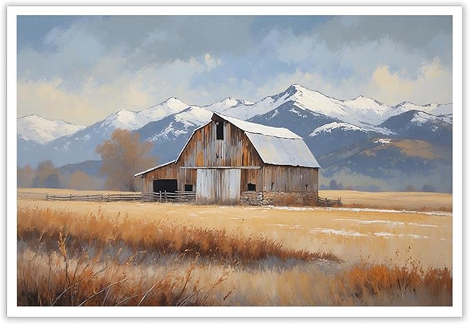 Mountain snow barn murals rural farm natural scenery Thanksgiving decorative paintings suitable for home decoration bathroom bedroom living room decoration24x36in(60x90cm)- Unframed