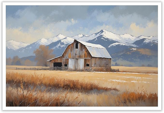 Mountain snow barn murals rural farm natural scenery Thanksgiving decorative paintings suitable for home decoration bathroom bedroom living room decoration24x36in(60x90cm)- Unframed