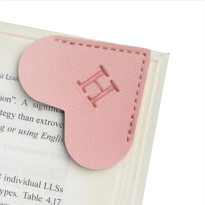 MOTEERLLU Personalized Leather Heart Bookmark with Initial, Cute Letters Custom Corner Book Mark for Reading Women, Teacher, Student, Book Lovers Gifts & Accessories(Pink, H)