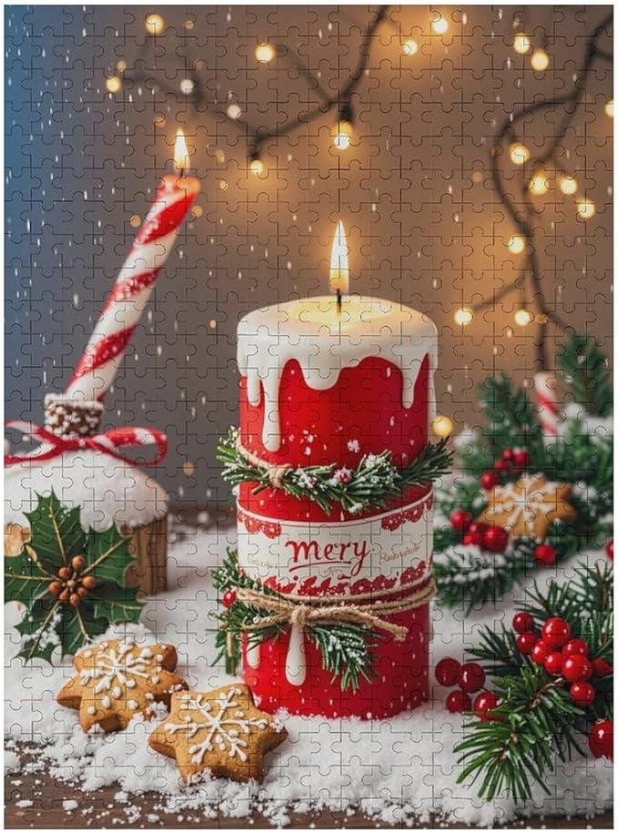 Jigsaw Puzzles for Adults 500 Piece - Merry Christmas，Christmas Candles Wooden Puzzle，Stress Relief Games，Funny Puzzle，Unique Gifts for Wall Art ，Family Puzzles，Educational Games，Challenge Puzzles
