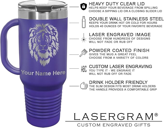 LaserGram 40oz Vacuum Insulated Travel Mug with Handle, Cup Cake, Personalized Engraving Included (Dark Purple)