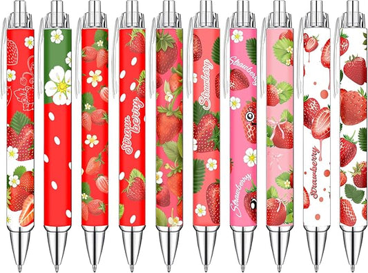 Idealmuzik Strawberry Theme Ballpoint Pens Set of 8 – Cute Strawberry Pattern Design with Smooth Black Ink – Aesthetic Writing Pens for Office, Home, Party Favors, and Gifts