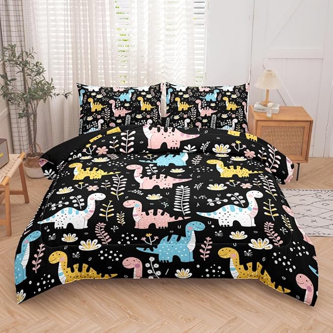 Boys Dinosaur Comforter Sets Full 5PCS,Dinosaur Cute Bedding Set for Kids,Cartoon Dinosaurs Twin Comforter Set,Boys Bed in a Bag with Flat Sheet and Fitted Sheet,Pillowcase