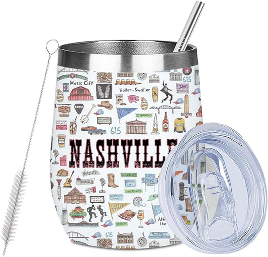 Nashville Gifts Travel Souvenir Wine Tumbler 12 oz Insulated Wine Glass Cup with Lid Straw Vacuum Insulated Cup,Travel Lover Gifts for Women Men Friend Birthday Christmas Halloween