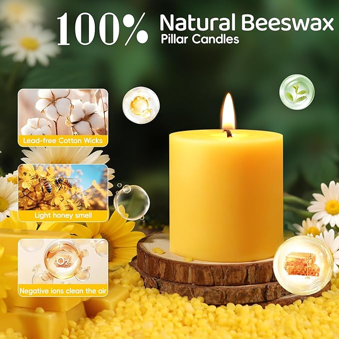 4 Pack 100% Pure Beeswax Candles,180 Hours Long Burning-Natural Beeswax Pillar Candles for Emergency,Unscented Bees Wax Candles for Home,Paryer,Parties,Pillar Candle Bulk 2.8x3in