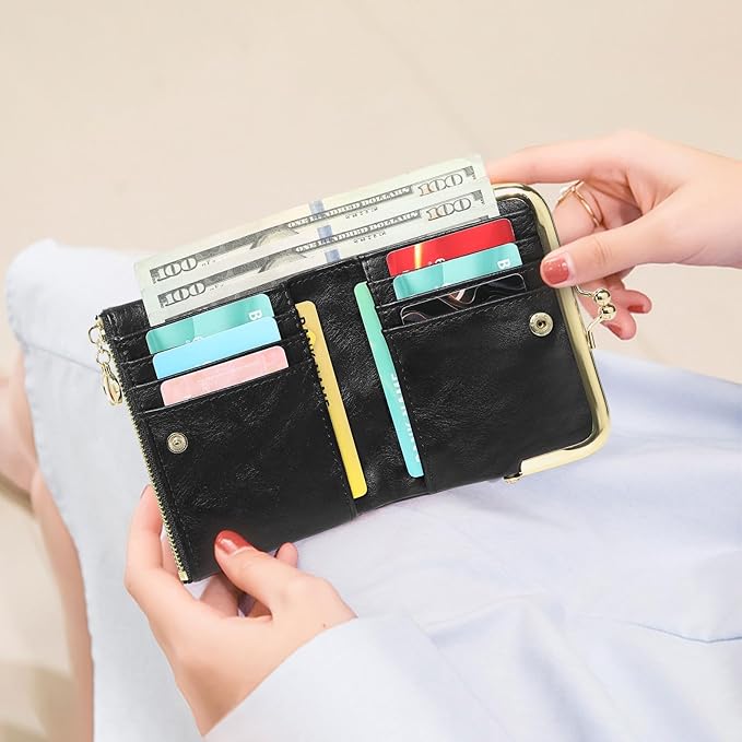 Wallet Women Small RFID Blocking Bifold Leather Wallets for Women Vintage Coin Purse With Zipper and Kiss Lock