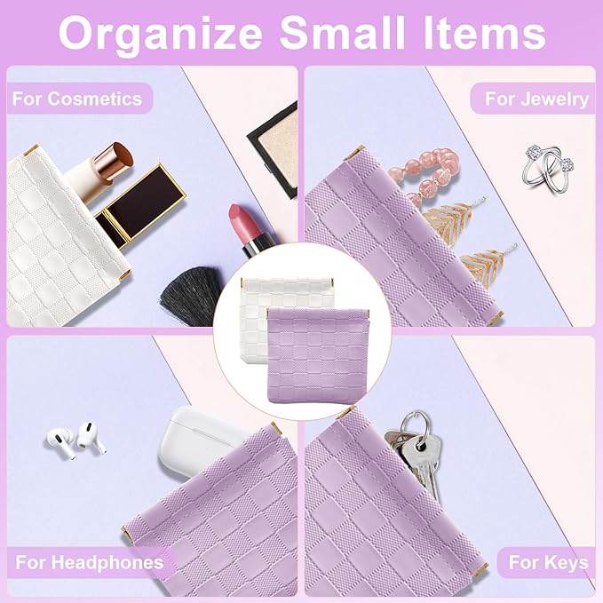 4PCS Small Makeup Bag for Purse, Mini Leather Pocket Cosmetic Bag for Women, Waterproof Portable Makeup Pouch No Zipper Coin Purse Lipstick Bag Accessories, Checkered Travel Storage Bag(White,Purple)