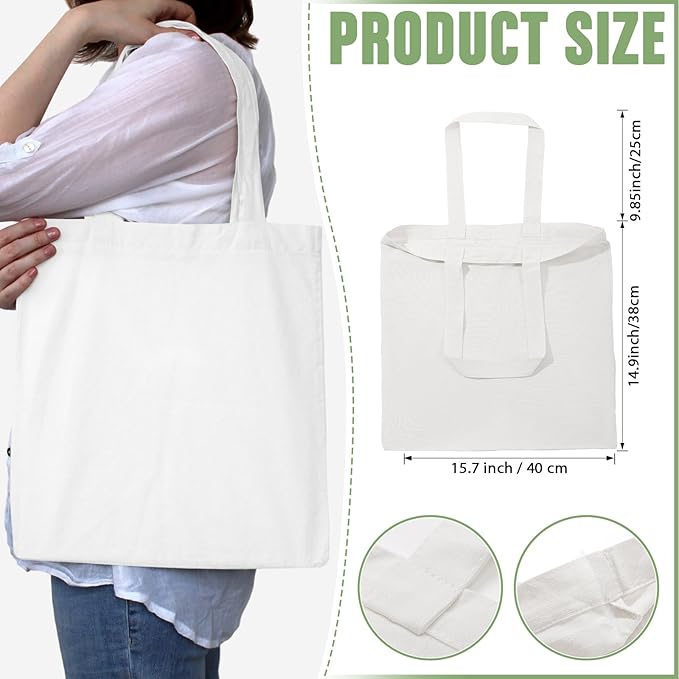 Roowest 120 Pieces Cotton Tote Bag Bulk 15 x 16 Inch Blank Canvas Tote Bags Reusable with Long Handle for Women Men DIY(White)