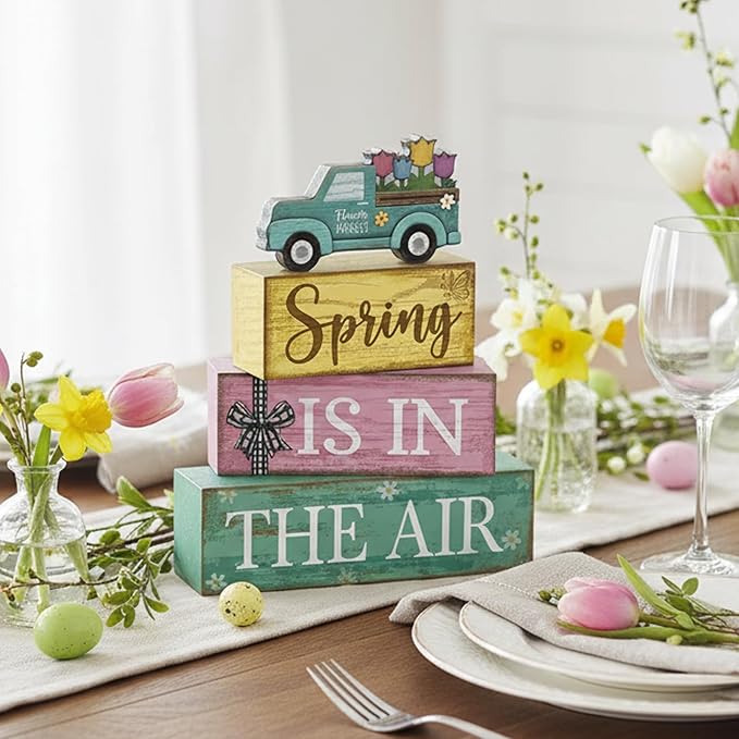 4 Pcs Spring Table Decor Wooden Blue Truck Decoration Flower Centerpiece Spring Tiered Tray Decor Decorative Colorful Flower Block Signs Gift Farmhouse Decoration for Home Kitchen