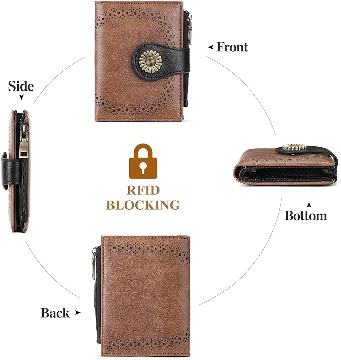 SENDEFN Small Wallets for Women Bifold RFID Blocking Leather Card Holder Compact Wallet with Zipper Coin Pocket