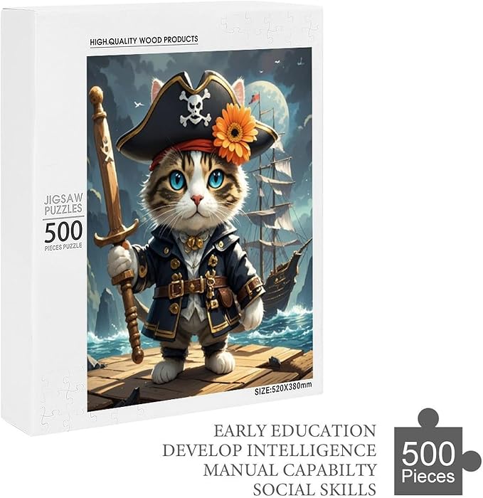 Wooden Puzzle - Classic Pirate Cat Leader Jigsaw Puzzles，Wooden Puzzles for Adults 500 Pieces Challenge Puzzles，Educational Games，Family Puzzles，Unique Gifts for Wall Art