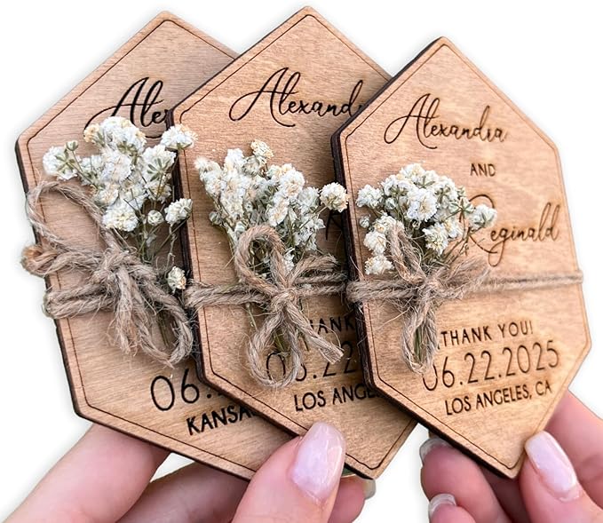 Wooden-Floral Personalized Wedding Favors for Guests, Wedding Party Favors Magnets with Envelopes and Stickers, Pack of 12 to 300