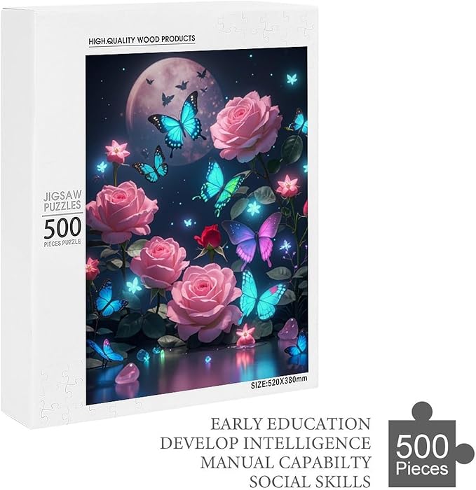 Wooden Puzzles 500 Piece，Butterfly and Rose Themed Jigsaw Puzzles Challenge Puzzles，Educational Games，Family Puzzles，Unique Gifts for Wall Art，Funny Puzzles