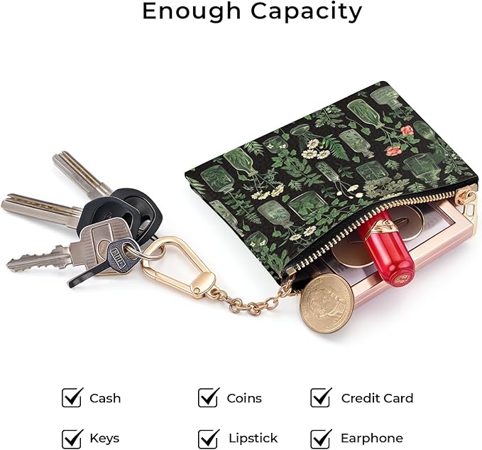 Vintage Plants Keychain Coin Purse for Women, Small PU Leather Change Pouch, Zipper Little Tiny Travel Wallet for Girls, Cute Kawaii Zip Pocket Coin Holder with Key Ring