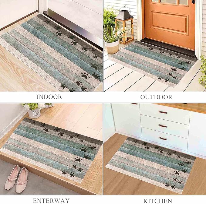 Darkyazi 23.6" x 35.4" Colorful Doormats Entrance Front Door Rug Funny Outdoors/Indoor/Bathroom/Kitchen/Bedroom/Entryway Floor Mats，Non-Slip Polyvinyl Chloride (Dog Paw Print-Water Green)