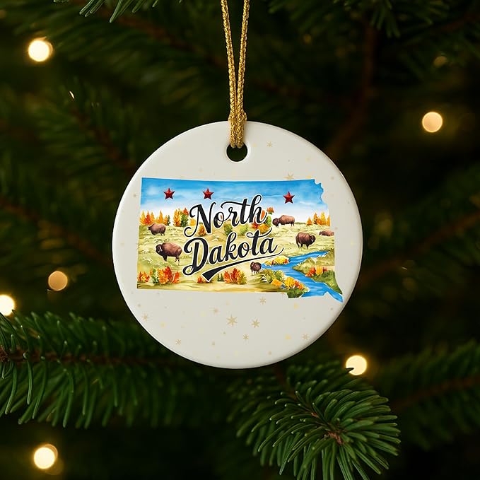 USA State Landmark Ceramic Ornament – Round Glossy Christmas Decoration Featuring U.S. State Art, Landmarks & Holiday Scenery – Collectible Travel Souvenir Ornament Series (North Dakota)