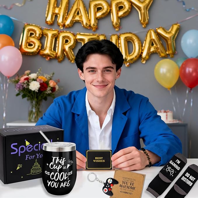 Teenage Boy Gifts,Unusual Ideas Birthday Gifts For Boys with 12 Oz Tumbler, Funny Socks,Birthday Card, Bracelet, Keychain,Best Gifts for Boys Son Grandson Nephew Friend
