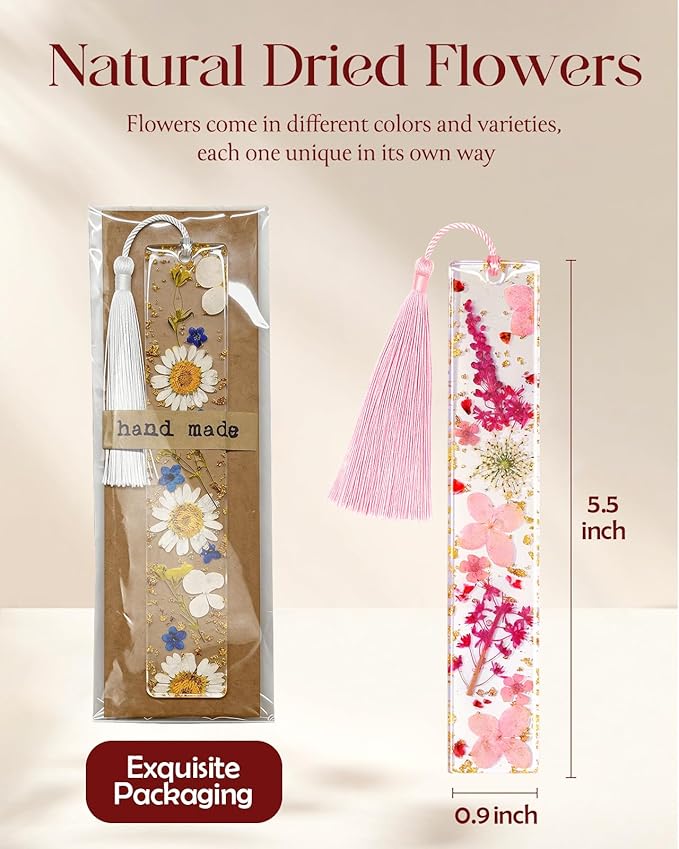 Buleens 2PCS Bookmarks for Women - Yellow Book Marks for Readers Book Lovers, Personalized Handmade Dried Flower Resin Bookmark with Tassels, Pretty and Aesthetic