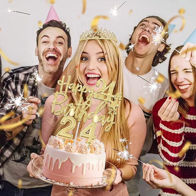 24th Birthday Decorations for Women Gold with 24th Birthday Sash and Tiara, Cake Topper and Candles, Number Balloons Gold, 24 Year Old Gifts for Women
