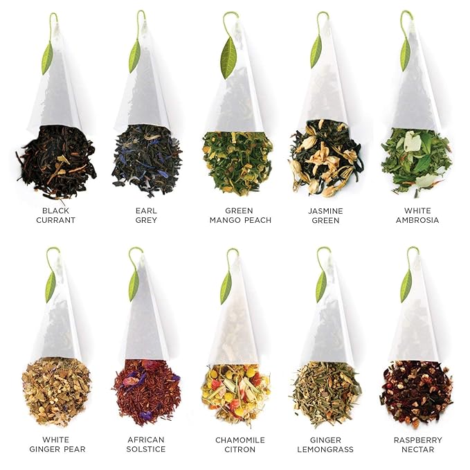 Tea Forte Premium Petite Presentation Box Gift Set Sampler, 10 Count, 2 of Each Blend Individually Wrapped Handcrafted Pyramid Infuser Bags, Assorted Classic Tea
