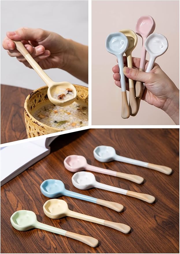 6-PCS set - Ceramic Vintage Afternoon Tea, Coffee Whisk, 6-color handmade coffee spoon set, long-handled household spoons, mini spoons for desserts, teaspoons, 5.9 * 1.5in (15 * 4cm))