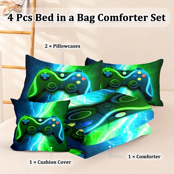 Twin Gamer Bedding Sets for Boys Teen, 4 Pcs Gaming Twin Comforter Set for Boys, Kids Twin Bedding Set for All Season